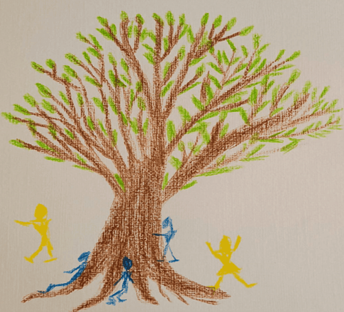 Ein gemalter Baum mit grünen Blättern und darunter skizziert fünf spielende Menschen